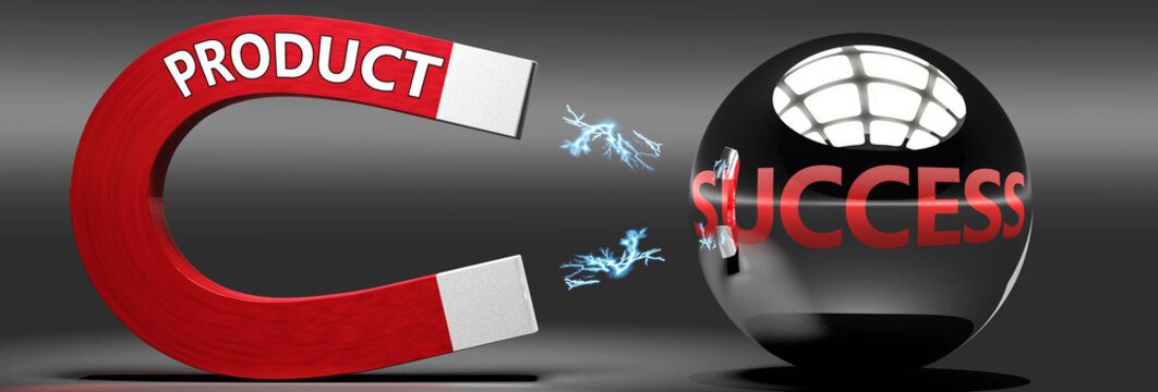 Product leads to success, attracts achievements and progress -  this abstract idea and relation pictured as two objects, magnet attracting a ball, labelled with English words, 3d illustration