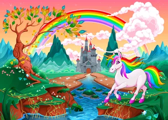 Wandaufkleber Einhorn in einer Fantasielandschaft mit Regenbogen und Schloss © ddraw