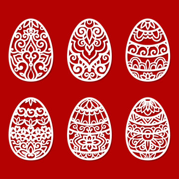 A Set Of Templates For Laser Cutting. Easter Eggs. For Design Pch Postcards, Scrapbooking, Interior Edements. Vector