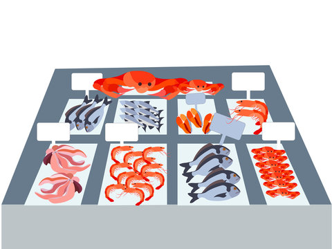 Seafood, proper nutrition, fresh produce. In minimalist style Cartoon flat Vector