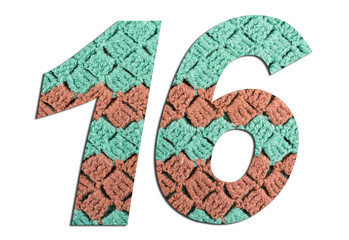 Number 16  with hand knitted texture on white background