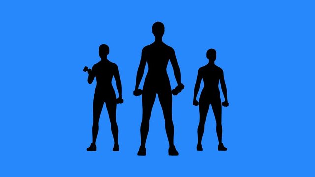 Workout in the gym. Muscle training with dumbbells. Healthy lifestile concept. Silhouettes of female athletes on blue background.
