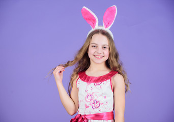 Child cute bunny costume. Playful baby celebrate easter. Spring holiday. Happy childhood. Ready for Easter day. Easter activities for children. Happy easter. Holiday bunny girl with long bunny ears