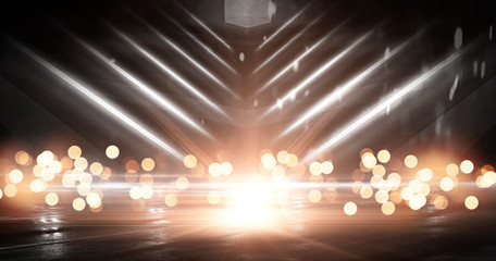 Wet asphalt, reflection of neon lights, a searchlight, smoke. Abstract street with smoke, smog. Night background, night city Abstract bokeh light, night bokeh.