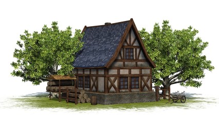 Fototapeta na wymiar medieval cottage between trees on a green area - front view - isolated on white background