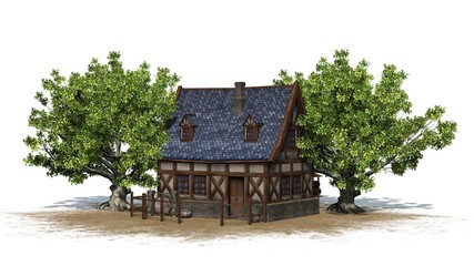 Fototapeta na wymiar medieval cottage between trees on a sand area - back view - isolated on white background