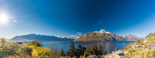 Panoramic view, The remarkables, Lake Wakatipu and Queenstown, South Island, New Zealand