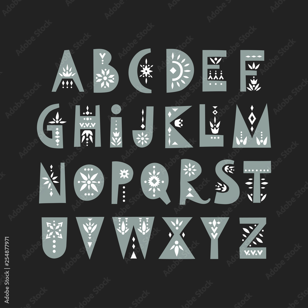 Wall mural Vector display uppercase alphabet decorated with geometric folk patterns