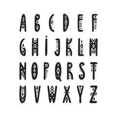 Vector uppercase narrow hand-drawn alphabet in Peruvian style