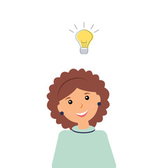 Concept of business idea:Very kind beautiful smiling woman accountant with included burning light bulb above head as a metaphor or symbol of creative thought or mind. Vector illustration
