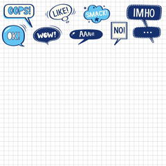 Pattern background. Notebook sheet with scribbles speech bubbles in blue and white colors. Horizontally oriented sheet of paper in a cage. Vector illustration in comic style