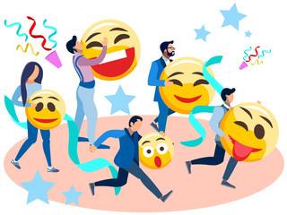 Fototapeta premium People run with smiles in their hands. In minimalist style Cartoon flat Vector