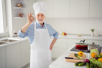 Close up photo grey haired he his him grandpa arm hand fingers okey symbol advising utensils tested...