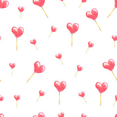 Fototapeta na wymiar Seamless texture of a hand drawn red heart lollipops made by oil pastels. Isolated on a white background