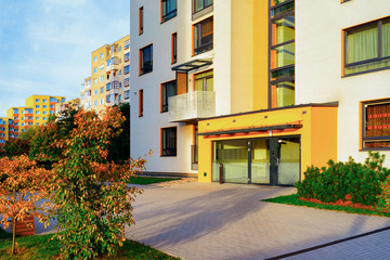 Fototapeta na wymiar Entrance door into apartment residential modern house building exterior