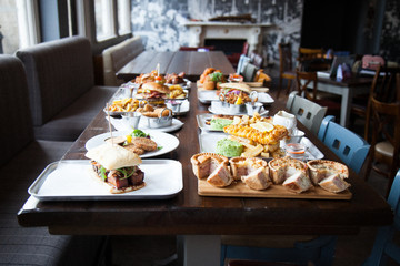 dishes laid out on table in restaurant