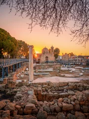 Fotobehang St Pauls Column and Agia Kyriaki Chrysopolitissa in Paphos on a sunrise, Cyprus © Evgeni
