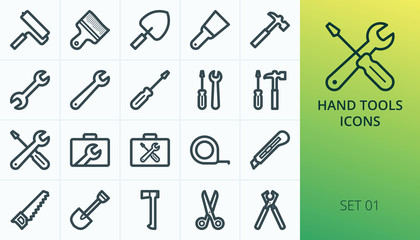 Hand tools icons set. Set of repair hand tools, wrench box, screwdriver case, hammer, service tools bag, construction tools isolated icons