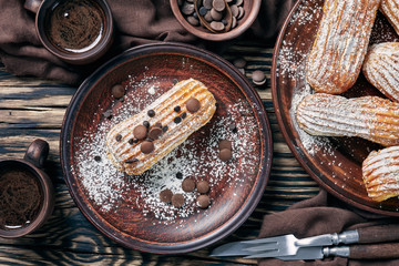 overhead view of tasty sweet Homemade Eclairs