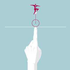 Businessman walking tightrope on the finger. Isolated on blue background. © fandijki