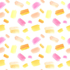 Watercolor hand drawn colorful abstract seamless pattern with pink, yellow, orangestrokes isolated on white background. Contemporary modern symple art good for background, fabric, wrapping