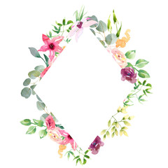 Wedding spring romantic bridal frame wreath. pink purple and white flowers green leaves ornament