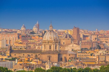 Fototapeta na wymiar Panoramic view of historic center of Rome, Italy. Beautiful view of Rome, sunny summer evening. Aerial panoramic cityscape of Rome.