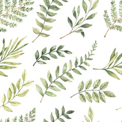 Spring watercolor seamless pattern. Botanical background with eucalyptus, branches, fern and leaves. Greenery illustration. Floral Design. Perfect for invitations, wrapping paper, textile, fabric