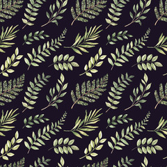 Spring watercolor seamless pattern. Botanical background with eucalyptus, branches, fern and leaves. Greenery illustration. Floral Design. Perfect for invitations, wrapping paper, textile, fabric.