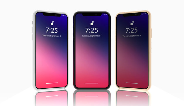Set of Isometric smartphone mockups on white background. New modern frameless smartphone mockup with white screen lying on surface. Isolated on white background with mirror reflection