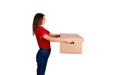 Pretty delivery girl is giving a cardboard box to a customer isolated on white background