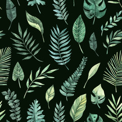 Naklejka na ściany i meble Watercolor seamless pattern. Summer tropical background. Tropical palm leaves (monstera, areca, fan, banana). Perfect for invitations, prints, packing, fabric, textile, wrapping paper