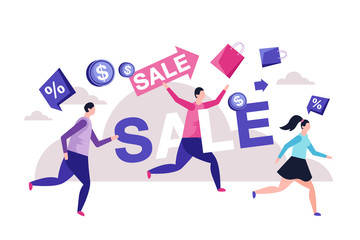 Vector people running. Big sale concept with simple style people running.