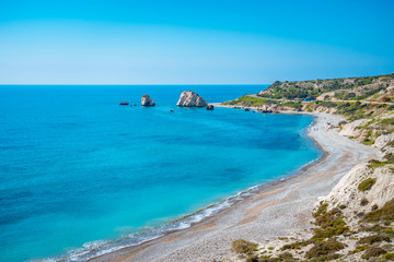 Beautiful beach next to the Rock of the Greek, the birthplace of the goddess Aphrodite, Paphos, Cyprus
