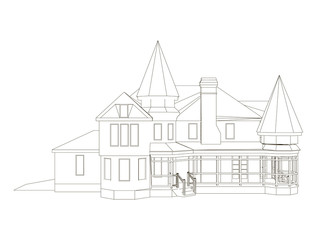 Outline of the building of black lines on a white background. Outline of the building is isolated on a white background. Front view. Vector illustration