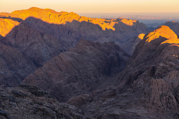 Egypt. Mount Sinai in the morning at sunrise. (Mount Horeb, Gabal Musa, Moses Mount). Pilgrimage place and famous touristic destination.