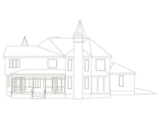 Outline of the building of black lines on a white background. Outline of the building is isolated on a white background. Front view. Vector illustration