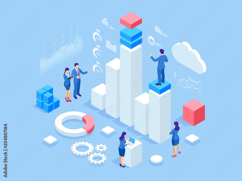 Fototapete Isometric web banner Data Analysis and Statistics concept. Vector illustration business analytics, Data visualization. Technology, Internet and network concept. Data and investments.