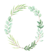 Hand drawn watercolor illustration. Botanical wreath with eucalyptus, branches and leaves. Greenery. Floral spring Design elements. Perfect for wedding invitations, cards, prints, posters