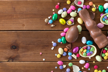 Obraz premium easter, sweets and confectionery concept - chocolate eggs, bunny and candy drops on wooden background