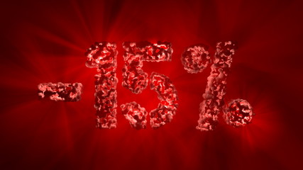 The sign -15off. Made of trendy pink material with the volume sun light from behind. 3d illustration