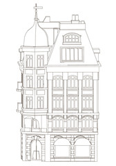 Fototapeta premium Outline of the building of black lines on a white background. Outline of the building is isolated on a white background. Front view. Vector illustration