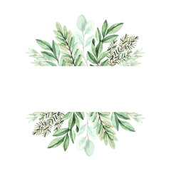 Spring watercolor illustration. Botanical frame with eucalyptus, fir branches and leaves. Greenery. Floral Design elements. Perfect for wedding invitations, cards, prints, posters, packing