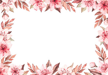 Obraz premium Spring watercolor illustration. Sakura bloom. Cherry. Botanical frame with pink flowers and leaves. Floral blossom elements. Perfect for wedding invitations, cards, prints, posters, packing