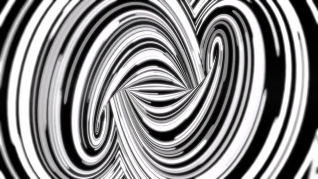 Abstract background with infinity sign formed by many narrow, blak and white lines, seamless loop. Curved, neon stripes moving endlessly monochrome.