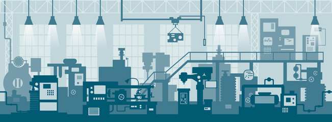 Creative vector illustration of factory line manufacturing industrial plant scen interior background.  - obrazy, fototapety, plakaty