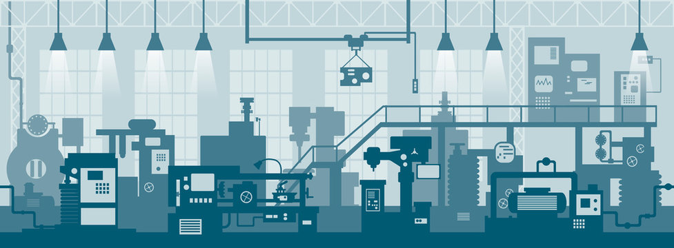 Creative vector illustration of factory line manufacturing industrial plant scen interior background. 