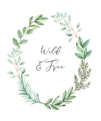 Obraz premium Hand drawn watercolor illustration. Botanical wreath with fir-tree branches, eucalyptus and green leaves. Floral Design elements. Perfect for wedding invitations, greeting cards, prints, posters
