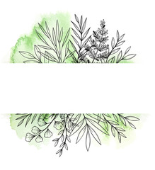 Vector watercolor illustration. Spring is coming. Botanical frame with green watercolor background, floral branches and leaves. Perfect for invitations, greeting cards, prints, posters, packing