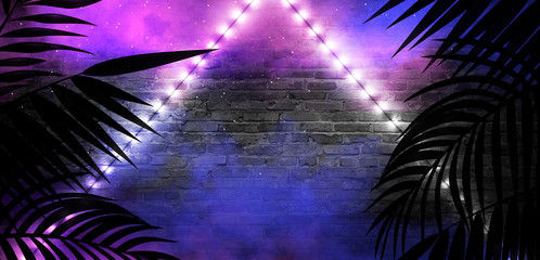 Background of the dark room, tunnel, corridor, neon light, lamps, tropical leaves. Abstract background with new light.